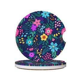 ABLESKY Car Coasters for Cup Holders, 2 Pack Absorbent Anti Slip Car Cup Holder Coasters, 2.56 Inch Ceramic Universal Size Auto Interior Accessories Women Men-Purple Red Colorful Flowers