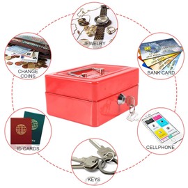Cash Box, Fireproof Waterproof Box, Mini Portable Steel Cash Till, Lockable Cash Money Coin, Jewellery, Security Box with Key Lock Handle, 2 Keys for Household, Loose Coins, Red