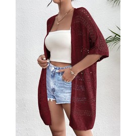 Zeagoo Womens 2024 Lightweight Summer Boho Oversized V Neck Cardigan Short Sleeve Loose Fit Crochet Cardigan Wine Red