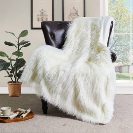BYTIDE Mongolian Long Hair Faux Fur Plush Throw Blankets with Micromink Back, Soft Luxury Furry Fuzzy Shaggy Throw for Couch Sofa Chair Bed Cover Home Décor, 50 x 60 Inches, White