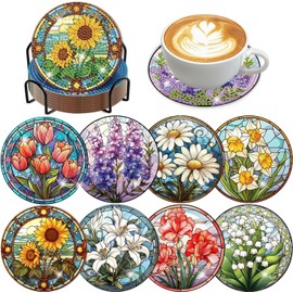 Diamond Art Coasters-8 PCS Flowers Diamond Painting Coasters Kits with Holder, DIY Sunflowers Coaster Kit for Adults Art Craft Supplies Gift