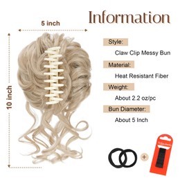 Foaoit Messy Bun Hair Piece Claw Clip Bun Hair Accessories for Women Messy Wavy Curly Hair Bun Extensions Short Tousled Updo Synthetic Hair Extensions（Light Ash Brown & Bleach Blonde