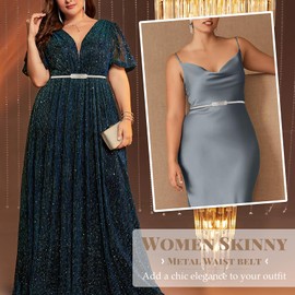 JASGOOD Women Skinny Elastic Waist Belt Thin Gold Metal Stretch Chain Belt for Dresses with Interlock Buckle, Silver, Fit Waist Size 26"-29"