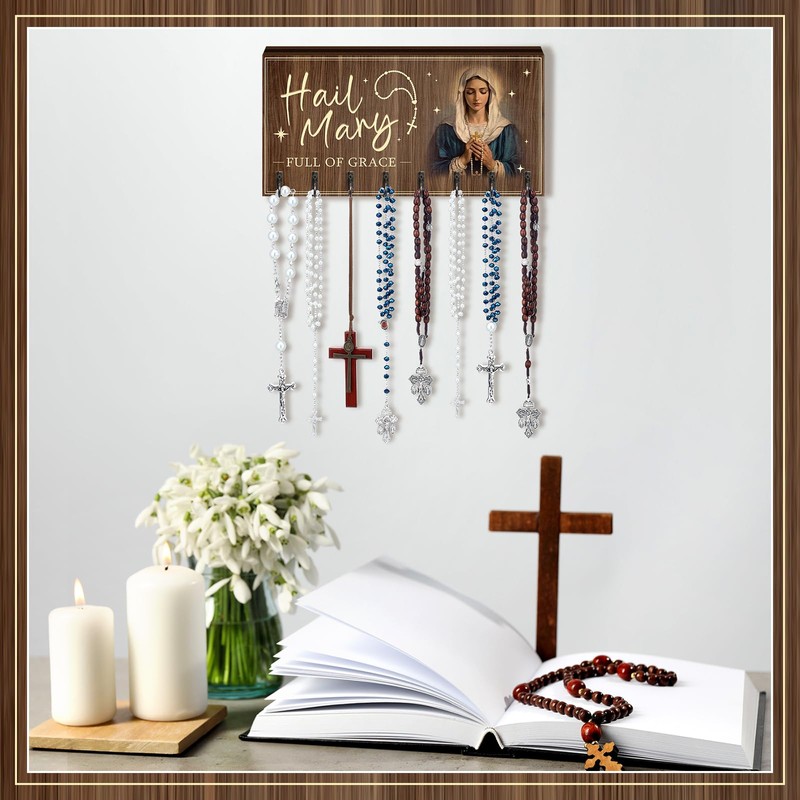 Colingmill Large Wooden Rosary Holder Wall Mounted with 8 Hangers