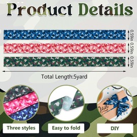 3 PCS Camouflage Pattern Ribbons for Crafting, 5/8" Width Navy Blue Green Pink Grosgrain Ribbon Camouflages Ribbons Retro Craft Ribbon for Gift Wrapping DIY Birthday Wedding Decorations-15 Yards