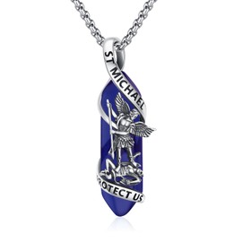 YueYuan Religious St Michael Necklace 925 Sterling Silver Saint Patron Saint Pendant Amulet Jewellery Gift for Men Women Treasure Blue Crystal, One size, Sterling Silver, Crystal