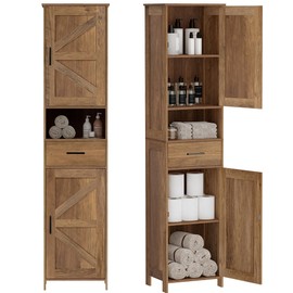 Homhedy 67" H Tall Bathroom Storage Cabinet with Barn Doors and Drawer