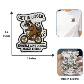 Funny Raccoon Bicycle Iron-On Patch, “Get in Loser, Trouble Ain’t Gonna Make Itself” Humorous Embroidery Applique for Jackets, Backpacks, Jeans, Clothing Decoration, 3×3.5 Inches