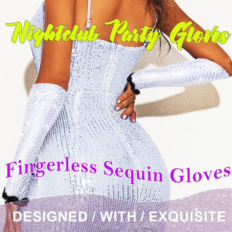 GEMILY Fingerless Rave Gloves Opera Sequin Gloves for Women(Silver)