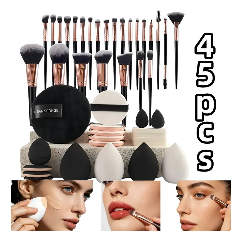 45pzs Brochas Maquillaje Base Profesional Kit Con Esponjas