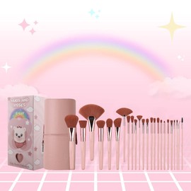 Hug and Kisses 24-Piece Makeup Brush Set - Soft Pink Design, Cruelty-Free Synthetic Bristles, Complete Face and Eye Brush Kit with Travel-Friendly Holder - Ideal for Beginners, Professionals & Gifts