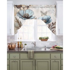 Vintage Tulip Flowers Swag Valances for Windows, Teal Blue Brown Florals Swag Kitchen Curtain Valances, Rod Pocket Elegant Butterfly Botanical Vintage Curtain for Cafe Bathroom Bedroom Drapes 56"x36"