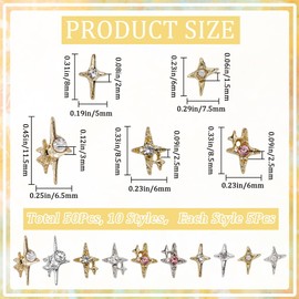 CRASPIRE 50Pcs/Box Four-pointed Star Nail Charms Rhinestone 10 Styles 3D Y2K Luxury Shiny Gold Silver Nail Gems Metal Alloy Flat Punk Studs Decor for Women Nail Art DIY Craft Jewelry Decor Accessories