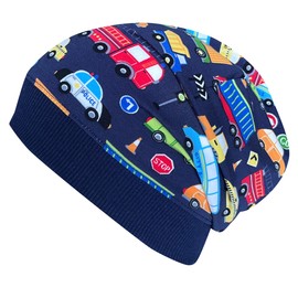 Wollhuhn Eco Lightweight Girls/Boys Beanie Hat Cuffs Elastic Transition Period Summer Children's Hat Cotton (Eco Fabrics, Organic) 20141128, Cars dark blue/multi-coloured