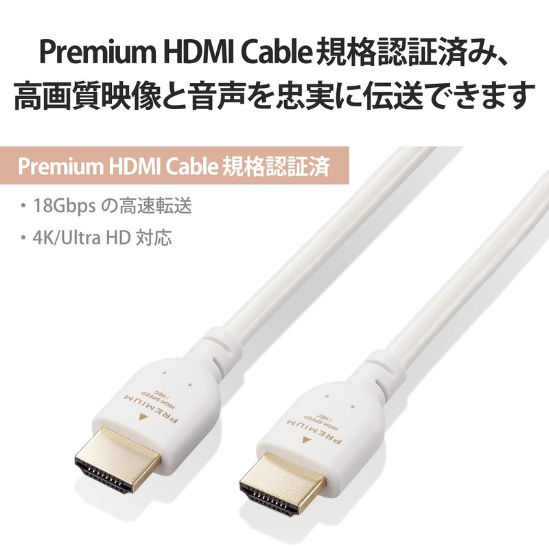 Elecom DH-HDPS14E20WH HDMI Cable, 6.6 ft (2 m), Premium Standard,