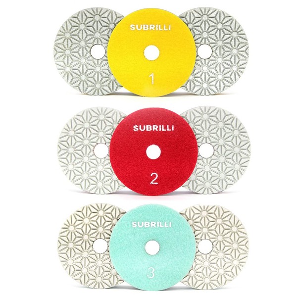 SUBRILLI 9-Pcs Dry/Wet 3 Step Diamond Polishing Pads 4-Inch for