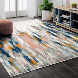 Abani Rugs Orange & Blue Contemporary Abstract Area Rug Contemporary Style, Porto Collection | Turkish Made Superior Comfort & Construction | Stain Shedding Resistant, 5'3"x7'6" Rectangle