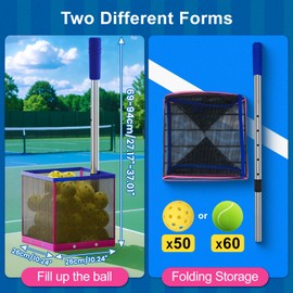 Posboll Portable Pickleball &Tennis Ball Hopper,50 Ball Capacity Retriever with No-Bend Pickup Basket,Carrier Gatherer Picker Container for Picking and Storage Training Tool for Ball