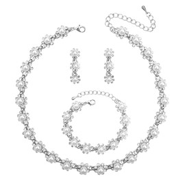 Enrwin Wedding Stunning Crystal Pearl Choker Necklace Bracelet Dangle Earrings Bridal Bridesmaid Prom Jewelry Sets for Women Costume Accessories (White-Platinum Plated)