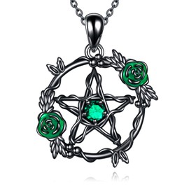 YFN Pentakel Kette Sterling Silber Gothic Grün Pentagramm Anhänger Rose Blume Pentagramm Charme Hexen Schmuck für Frauen Wiccan Schmuck Pagan Geschenke