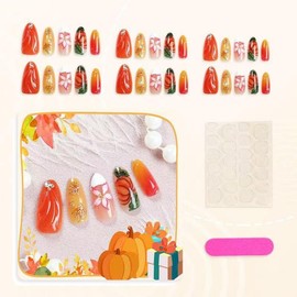 30Pcs Fall Press on Nails Medium Almond Fake Nails with Maple Leaf Design Pumpkin Glue on Nails Ombre Orange False Nails Press on Nails 5D Embossed Flower Nail for Women Girls Manicure
