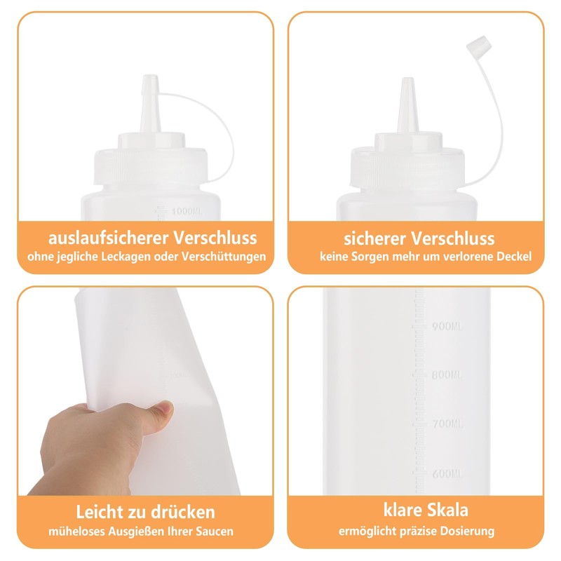 YBCPACK Squeeze Bottle 1000 ml, Pack of 4 Ketchup Bottles