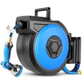 82FT +6.6FT Retractable Garden Hose Reel, 5/8" Water Hose Reel Wall Mount, with 10- Function Sprayer Nozzle, Slow Return/Any Length Lock/Auto Rewind/180°Swivel Bracke