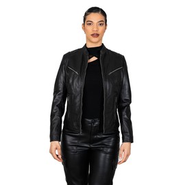 BRICK LANE Mandarin Collar Fitted Leather Jacket for Women | Genuine Lamb Nappa Leather Jacket with Zip Pockets (US, Alpha, XX-Large, Regular, Regular, Black)