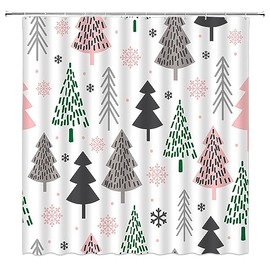 Christmas Shower Curtain Green Gray Pink Xmas Tree Snowflake Vintage Winter Holiday Fabric Bathroom Curtain Sets with Hooks
