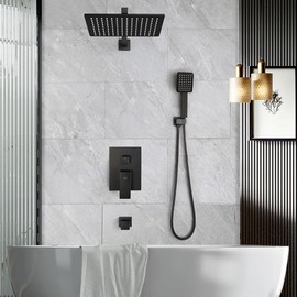 POP SANITARYWARE Matte Black Shower Tub Faucet Set Bathroom Rain Shower System with Tub Spout Wall Mounted Rainfall 12 Inch Shower Head and Handle Set Include Shower Valve and Trim Kit
