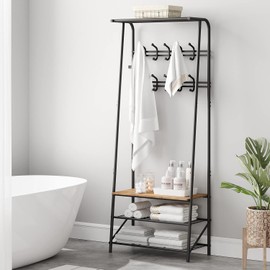 IDEALHOUSE Coat Rack Shoe Bench with 10 Hooks, Hall Trees Entryway Bench with Storage, Multifunctional Hallway Organizer, Wood Look Accent Furniture (Black, 10 hooks-25.2 in)