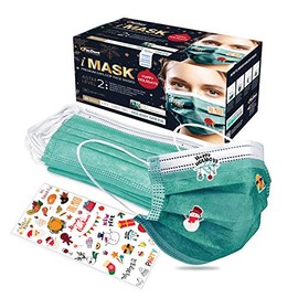 Pac-Dent iMask ASTM Level 2, 3 Ply Disposable Face Masks, Holiday Themed Mask Stickers Included, Holiday Green, 50-Pack