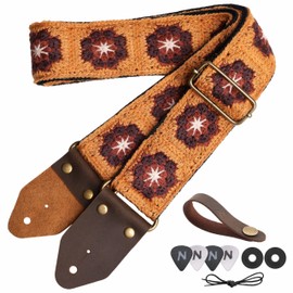 Nefelibata Guitar Strap,Crazy Horse Leather Jacquard Embroidery Cotton Guitar Straps for Bass, Electric & Acoustic, Best Gifts for Guitarists(Retro Brown Multi Flower)