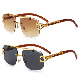Dollger Rimless Rectangle Sunglasses for Women Men Stylish Hip hop Frameless Double Bridge 90s 2000s Designer Shades Leopard Wooden Arms Tinted Lens Y2K Square Aviator Glasses