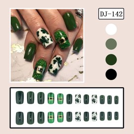 24pcs Short St.Patrick’s Day Press on Nails Square Fake Nails with Green Clover Design Glitter False Nails Shamrock Glue on Nails Full Cover Stick on Nails for Women Girls Art Manicure