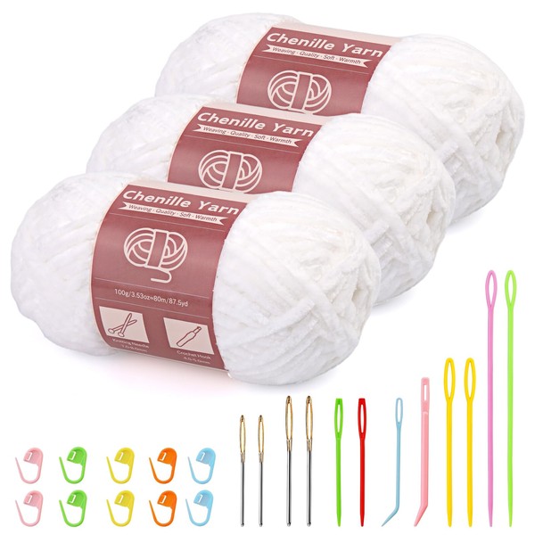 Benlay 3 x 100 g (3 x 80 m) Chenille Yarn, Velvet Yarn for Knitting and Crochet with Large Eye Needles, Soft Chenille Yarn for Clothes, Blankets, Bags, Sweaters, DIY Knitting Projects (White)