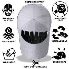 Golf Hat Sweat Liners - Reusable and Absorbent Pads - No Glue Hold - No More Sweat Black - 3 Pack - Easily Trim EV Piece to Customize fit