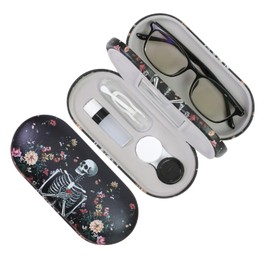 FlyingMage 2 in 1 Contact Lens Case and Eyeglasses Case for Women Men Kids, Double Sided Hard Shell Portable Glasses Travel Holder with Built-in Mirror, Contact Lens Box Storage Kit (Black Skull)