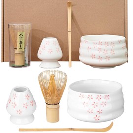Matcha Whisk Tea Set,Tinyso 4pcs Japanese Tea Set,Traditional Scoop,Matcha Bowl,Ceramic Whisk Holder,Traditional Matcha Tea Making Tools Matcha Ceremony Accessory for Japanese Matcha Tea (Sakura)