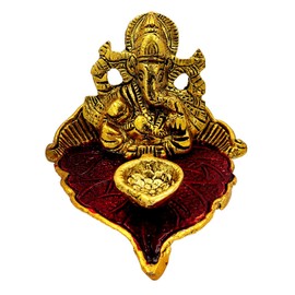 Purpledip Metal Pooja Plate Ganesha Diya - Decorative Deepak for the Home Temple (10174A)