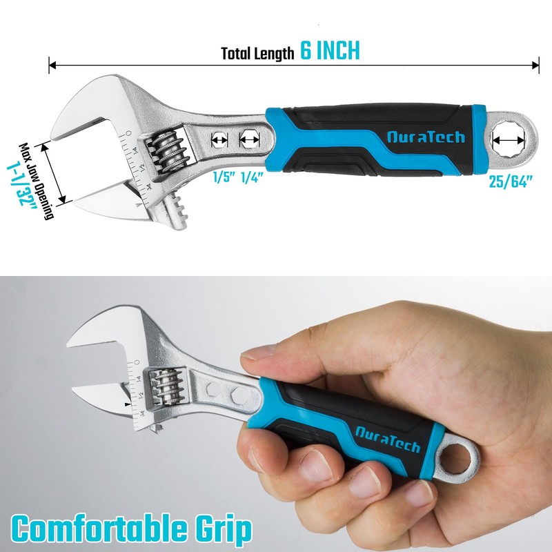 DURATECH 6 Inch Adjustable Wrench, 3-in-1 Spanner with Box End/Hex
