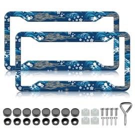 Sea Waves License Plate Frame - 2PCS Golden Cloud Cute Sakura Aluminum Metal License Plate Holder Covers, Rust-Proof Waterproof Car Decorative Tag Frames for Standard Us 12x6 Inch