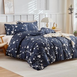 Lekesky Dark Blue Double Duvet Cover Set - Floral Bedding Set, White Floral on Blue Duvet Cover with 2 Pillowcases for Double Bed, Soft Microfiber Lightweight Duvet Set for Dad Gifts, Blue/ 200x200cm