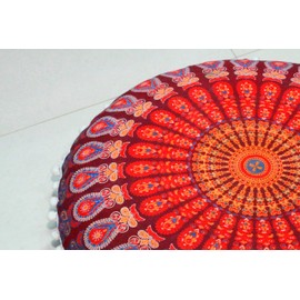 Round Mandala Floor Pillow Cover Seating Cushion Throw Cover Hippie Decorative Bohemian Ottoman Pouf Cover, Pom Pom Pillow Cases,Boho Indian 22 Inches (Maroon)