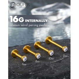 OUFER Titanium Lip Rings, 16G Internally Threaded Lip Labret Piercing, 3mm Shining CZ Flat Back Helix Cartilage Conch Tragus Lobe Earrings for Women Men-10MM