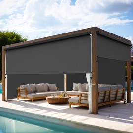 Outdoor Roller Shades for Patio with Valance, New Material Outdoor Blinds with 95% UV Blockout, Cordless Patio Roller Shades with Crank Handle for Balcony Porch, (6'W X 8'H), Black