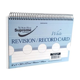 Record Ruled White Card Perforated 160gsm 50 White Sheets - 8" x 5" Spiral Revision Cards - Pack of 3