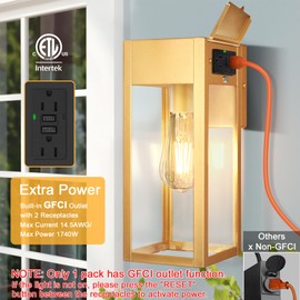 2 Pack Porch Lights Outdoor Wall Sconce, Outdoor Light with GFCI Outlet, Waterproof Exterior Wall Lantern Light Fixtures, Anti-Rust Wall Lamp with Clear Glass for Patio Doorway Garage- Gold