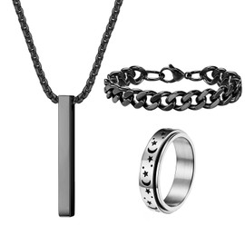 ZENGSING Men's Necklaces Stainless Steel Cuboid Chain 3 Pieces Bar Pendant Necklace Set Silver/Black Bar Pendant Necklace with Bracelet and Ring Necklace Cuboid for Men Women, Stainless Steel, No