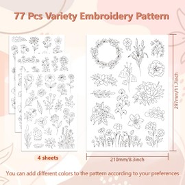 peacoblue Embroidery Templates Water Soluble for Beginners 4 Sheets Wild Flower with 77 Pieces Pattern, Wash Away Stick and Stitch Resolvable Embroidery Paper for Hand Sewing Enthusiasts Women Adults